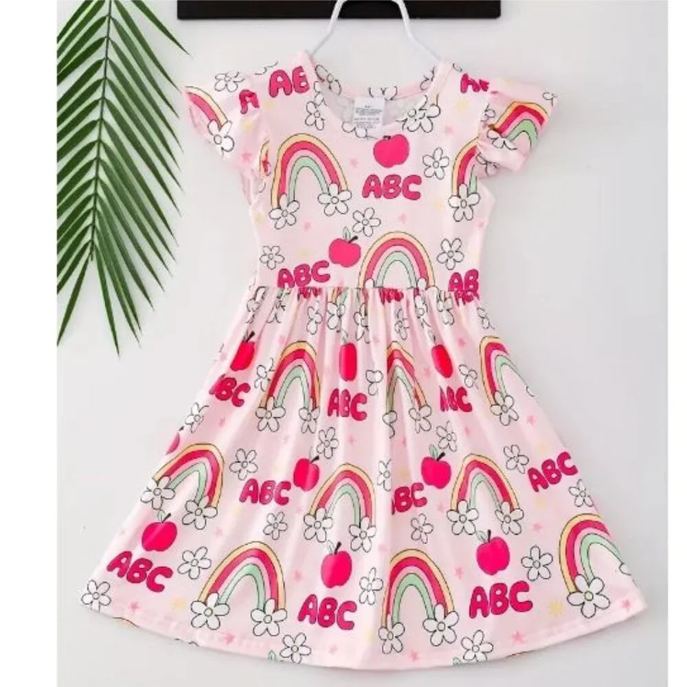 Boutique Back to School Rainbow Apple Girls Sleeveless Pink Dress